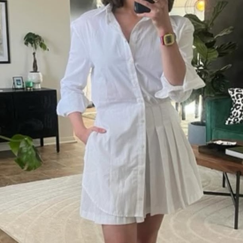 ZARA White Pleated Shirt Dress with Button Front